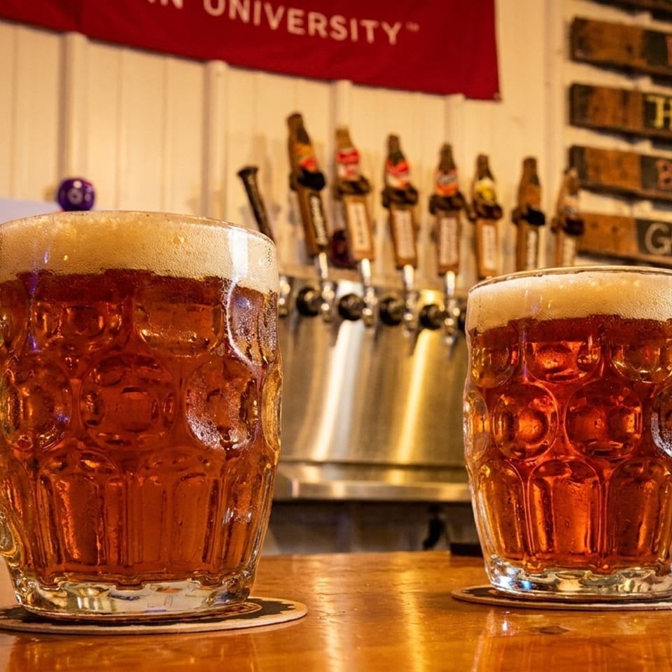 Two frothy mugs of amber beer on a wooden bar with taps and a menu in the background.