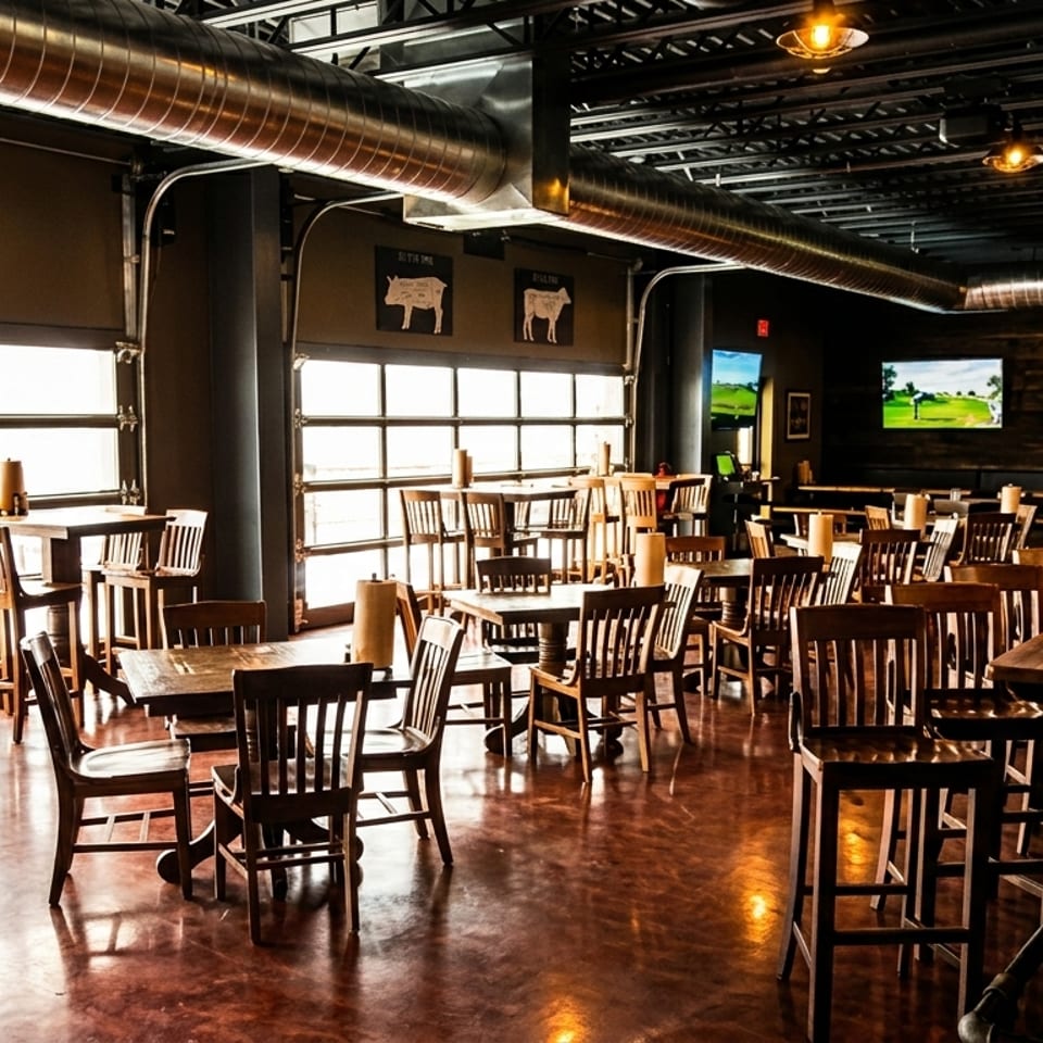 Spacious restaurant interior with wooden tables and chairs, a long bar, and large windows.