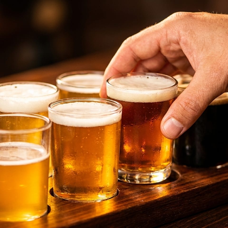 A hand reaches for a glass from a beer flight with various craft beers on a wooden tray.