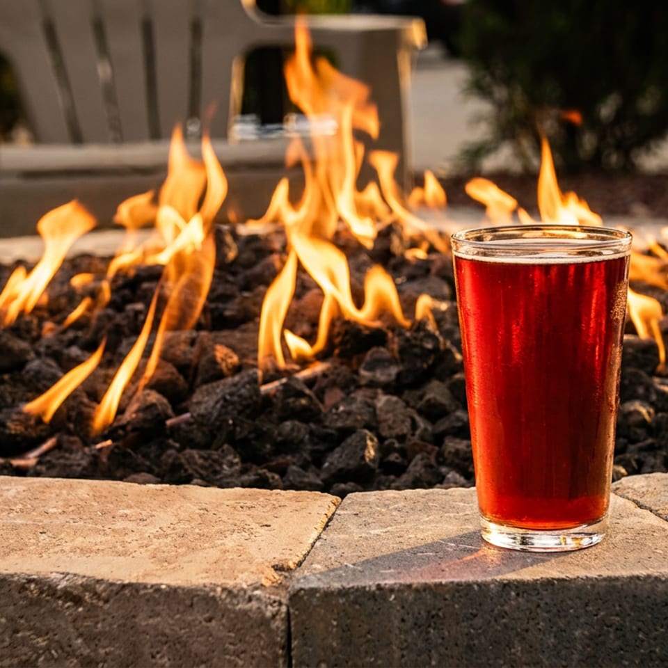 A red drink sits on a stone fire pit with flames dancing over dark rocks.
