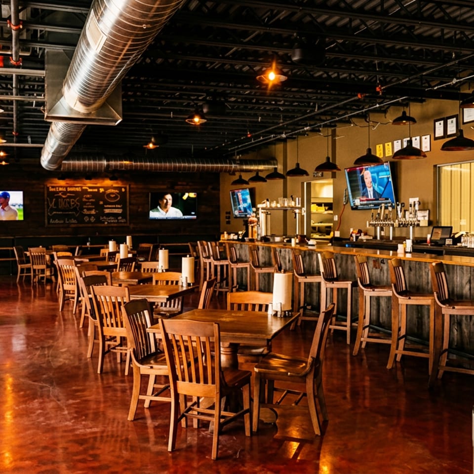 Spacious restaurant interior with wooden tables, chairs, bar stools, and multiple TVs showing sports.